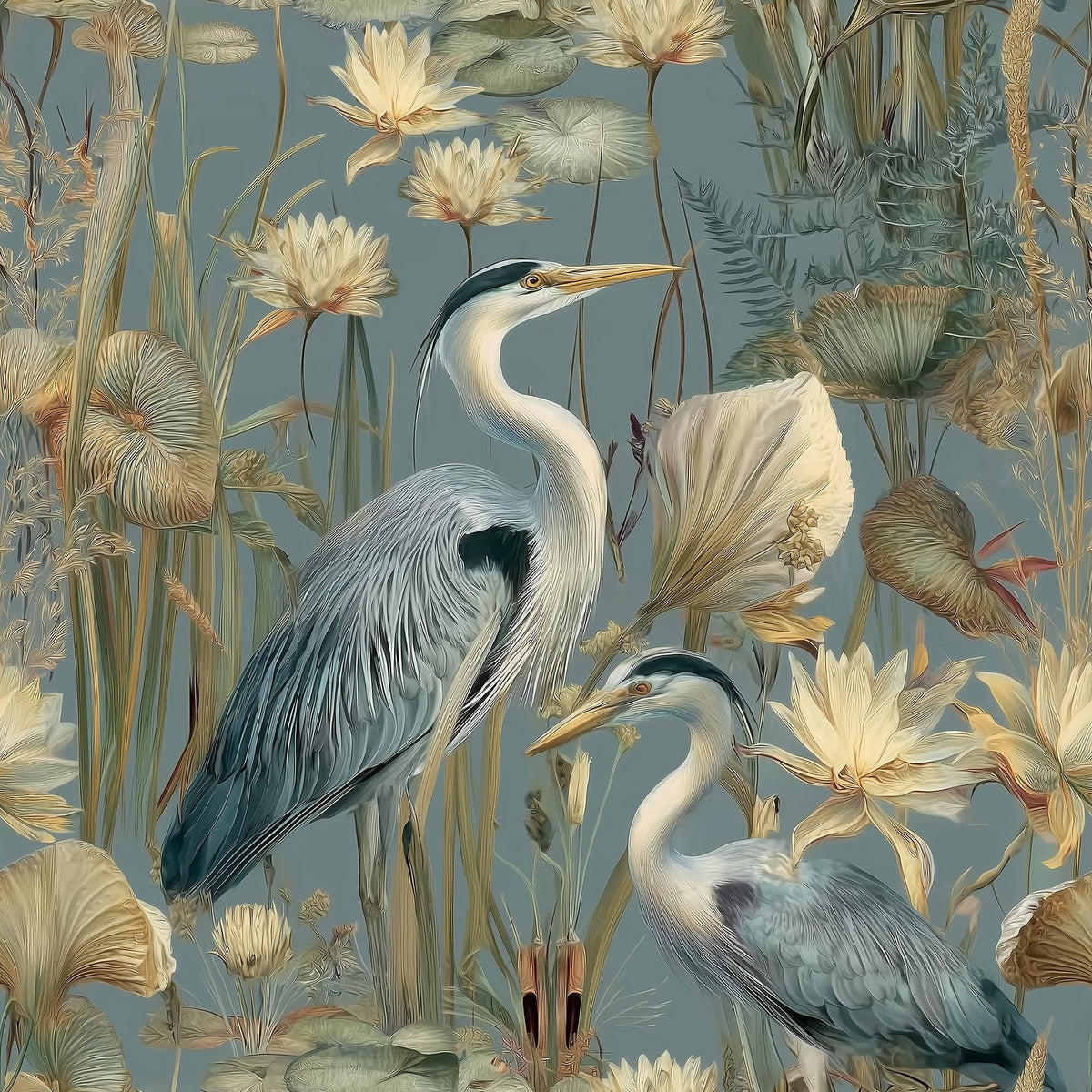 The image is a vibrant and detailed illustration of a serene natural scene featuring a variety of aquatic plants, flowers, and birds.