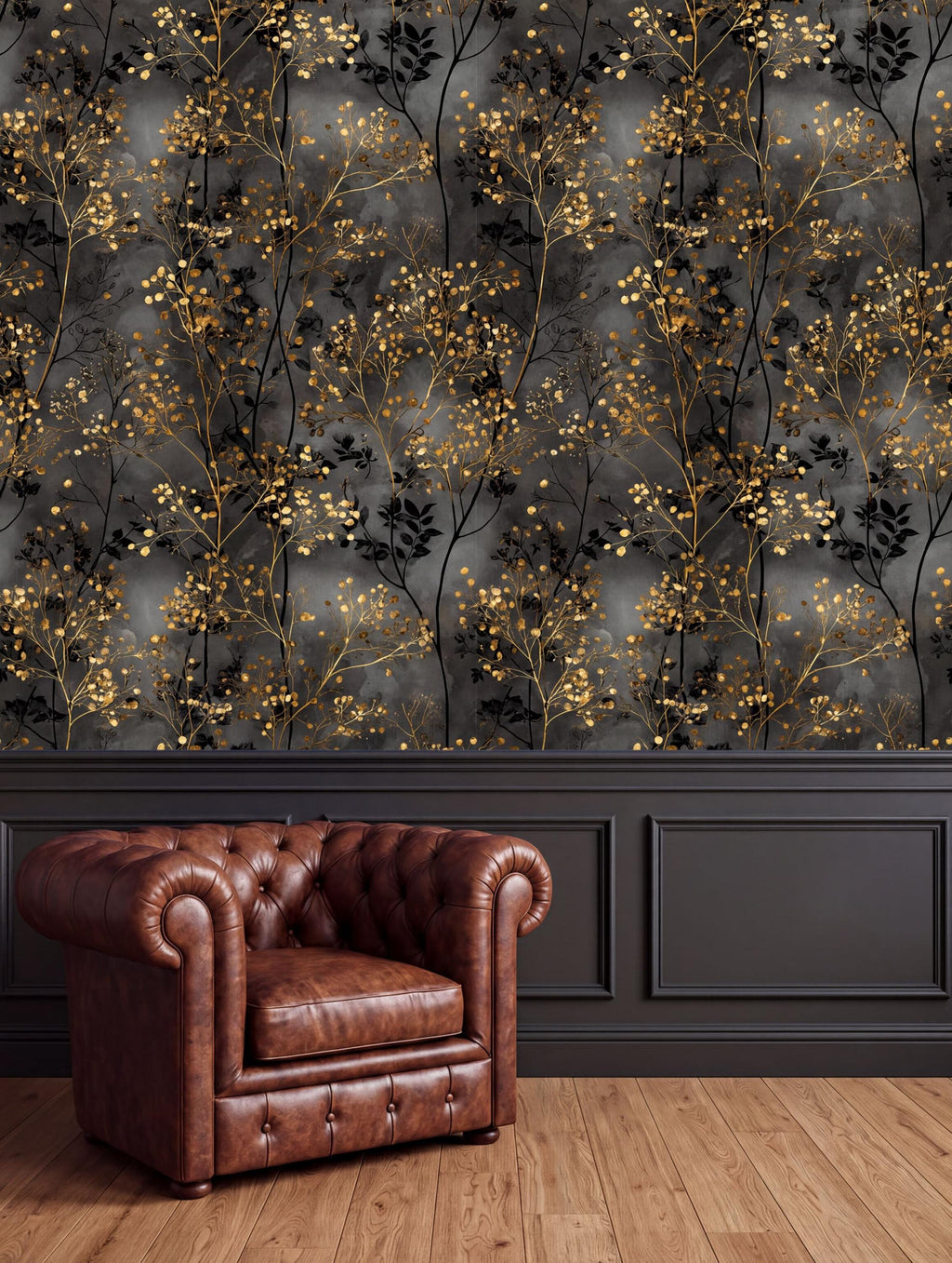 a brown leather armchair positioned in front of a dark gray wall with a gold leaf pattern.