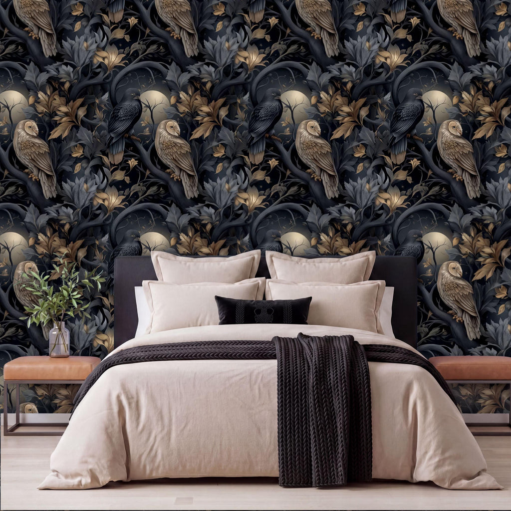 a bedroom with a large bed, dark blue and gold wallpaper with a pattern of owls and flowers, and a wooden nightstand with a plant on it.