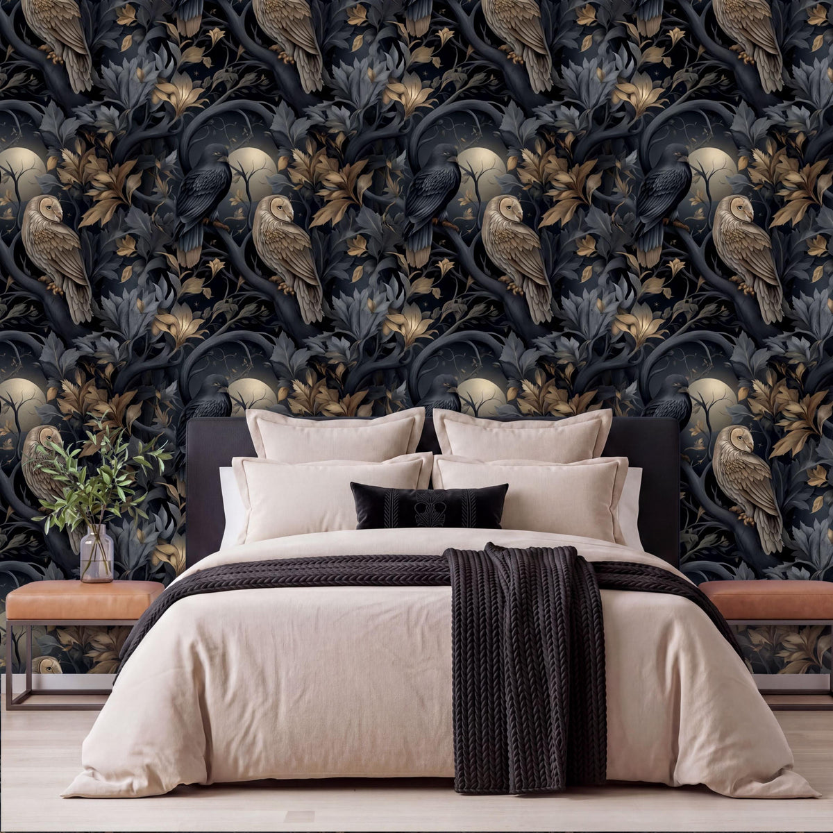 a bedroom with a large bed, dark blue and gold wallpaper with a pattern of owls and flowers, and a wooden nightstand with a plant on it.
