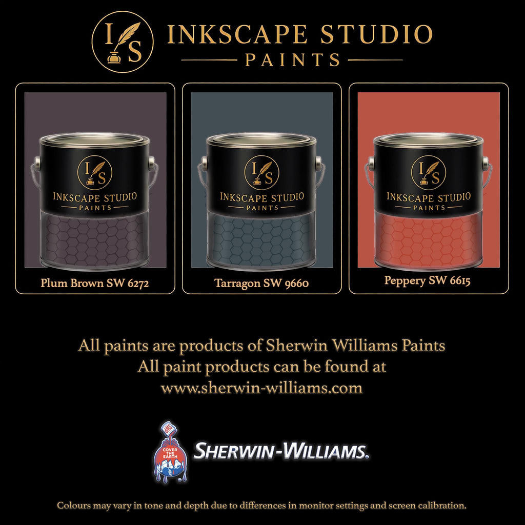 The image is an advertisement for Sherwin Williams paints, featuring three different paint colors: plum brown, tarragon, and peppery. The text highlights that all paints are products of Sherwin Williams Paints, and the website www.herwin-williams.com is provided for further information. The image also mentions that the colors may vary in tone and depth due to differences in monitor settings and screen calibration.