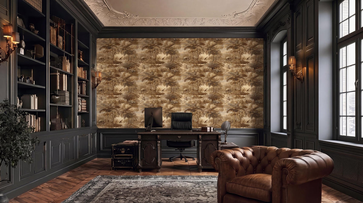 a luxurious and well-appointed home office with a large bookshelf, a tufted leather armchair, and a desk with a computer setup. The room has a dark wood color scheme and features a patterned wallpaper on the walls.