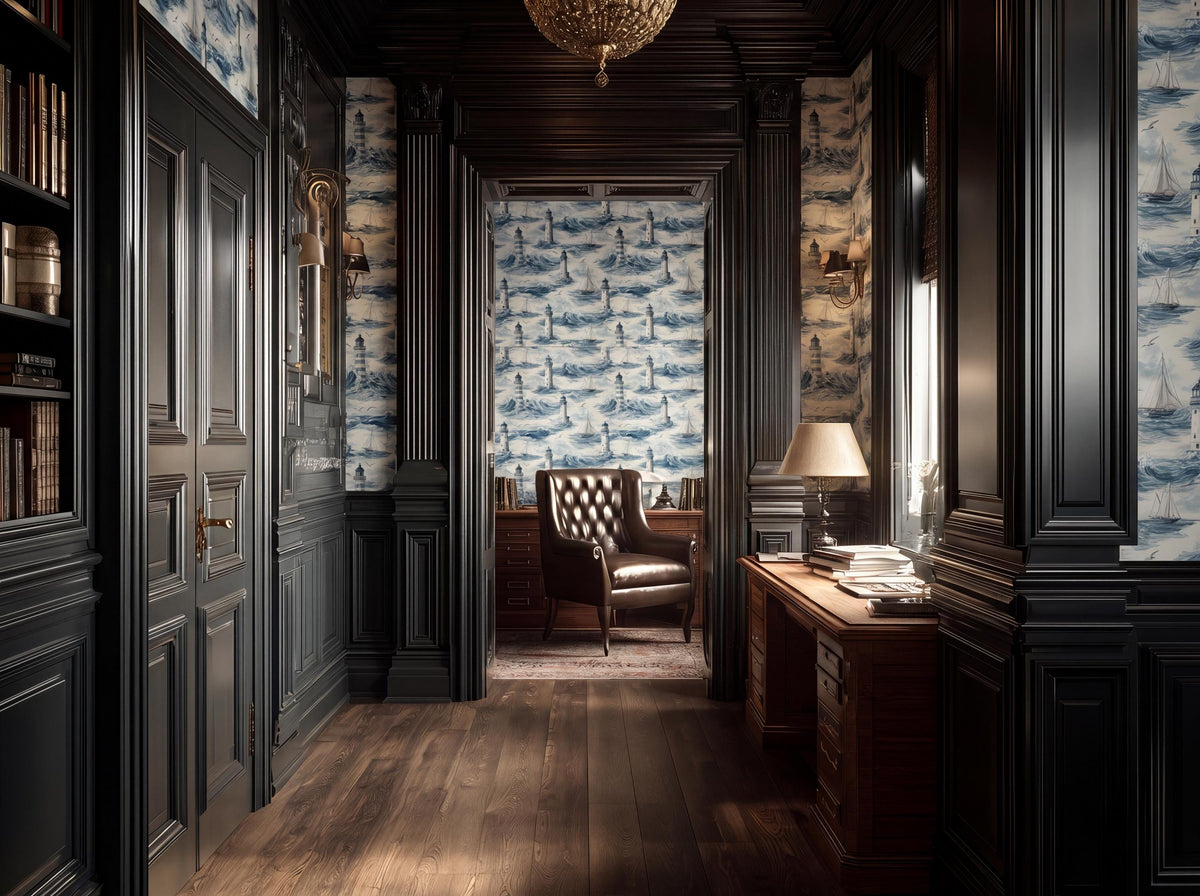 a luxurious and elegant hallway with dark wood paneling, a chandelier, and a desk with a leather chair.