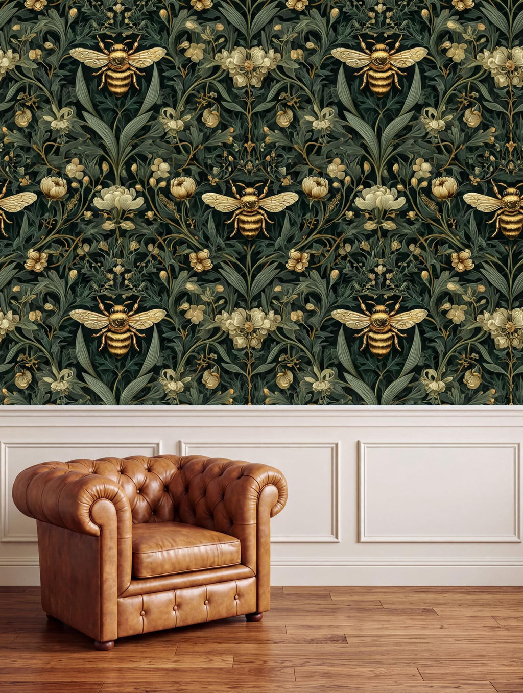 a brown leather armchair positioned in front of a wall with a repeating pattern of green leaves and gold bees.