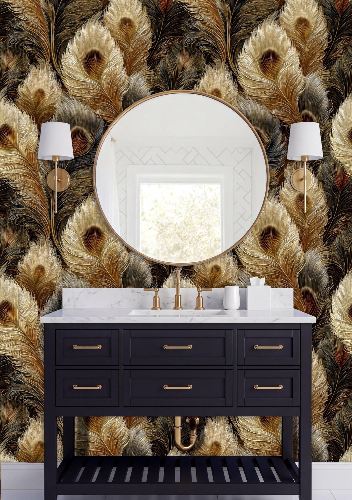 a bathroom vanity with a black countertop and a round mirror above it. The vanity has six drawers and is set against a wall with a large, ornate wallpaper pattern of gold and brown feathers. Two wall sconces are mounted above the vanity, providing lighting.