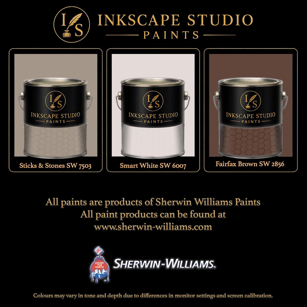 The image is an advertisement for Sherwin Williams paints, featuring three different paint color samples from the Inkscape Studio.