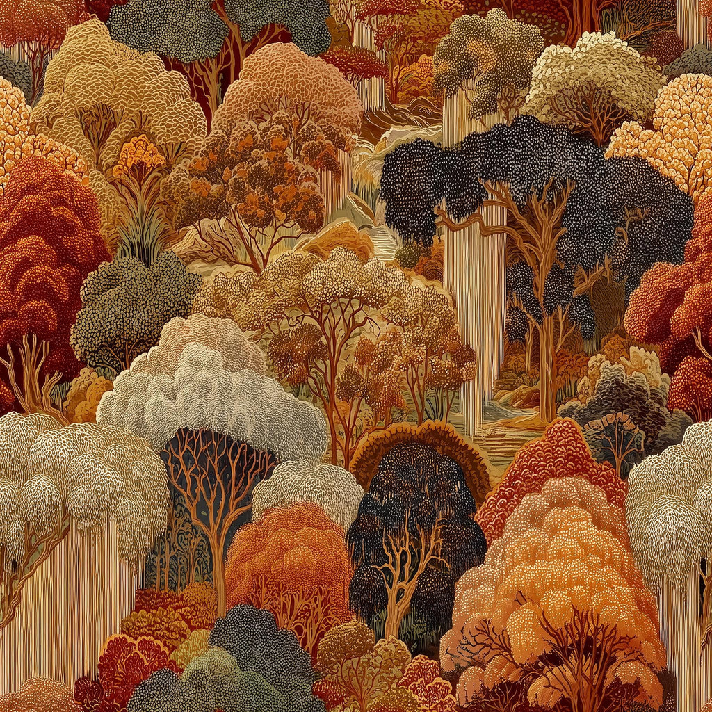 The image is a vibrant and detailed illustration of a lush forest scene, featuring a variety of trees and foliage in shades of orange, brown, and green. The composition is visually striking and showcases the artist's skill in capturing the intricate details of the natural environment.