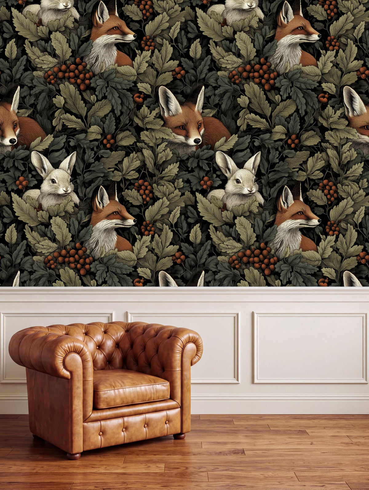 a cozy living room with a brown leather armchair positioned in front of a wall adorned with a repeating pattern of foxes and rabbits amidst lush greenery.