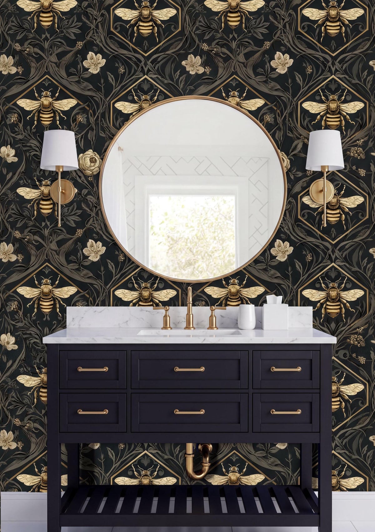 a bathroom vanity with a black countertop and a round mirror above it. The wall behind the vanity has a repeating pattern of bees and flowers in gold and black colors. There are two white lamps on either side of the vanity, and the overall design has a luxurious and elegant appearance.