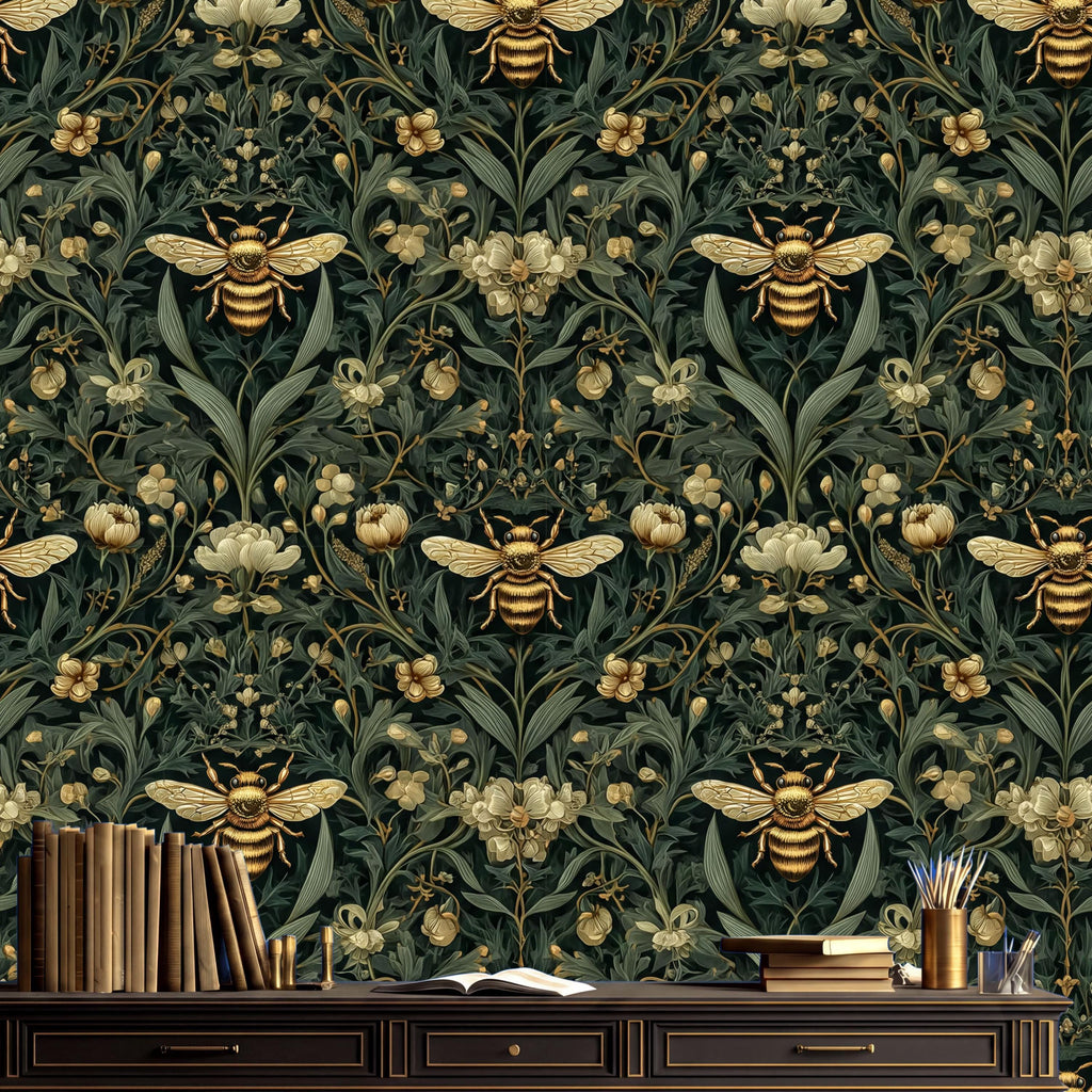 a wallpapered wall with a repeating pattern of bees and flowers, creating a lush and vibrant green and gold design. In front of the wall, there is a wooden desk with a stack of books and a vase of flowers.