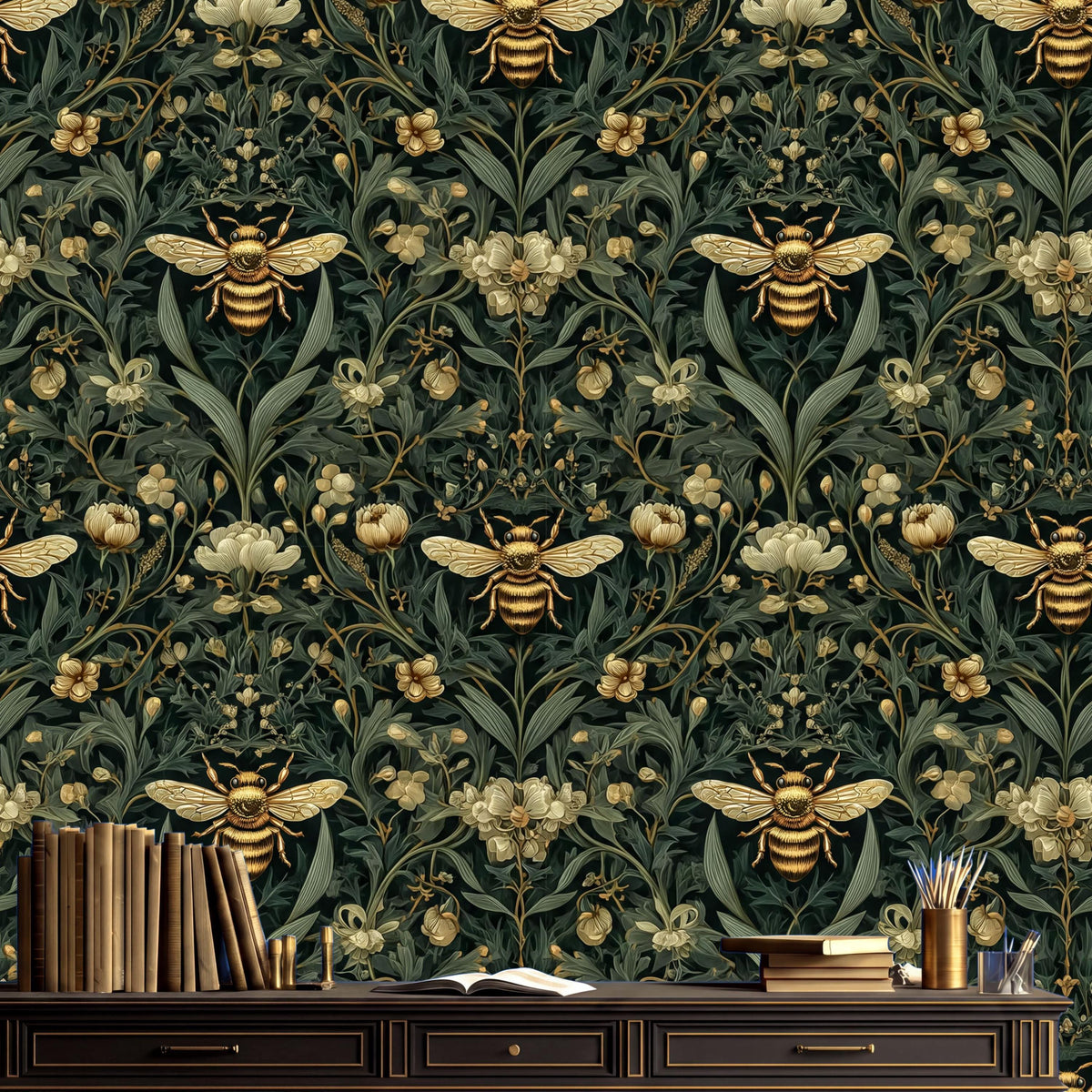 a wallpapered wall with a repeating pattern of bees and flowers, creating a lush and vibrant green and gold design. In front of the wall, there is a wooden desk with a stack of books and a vase of flowers.