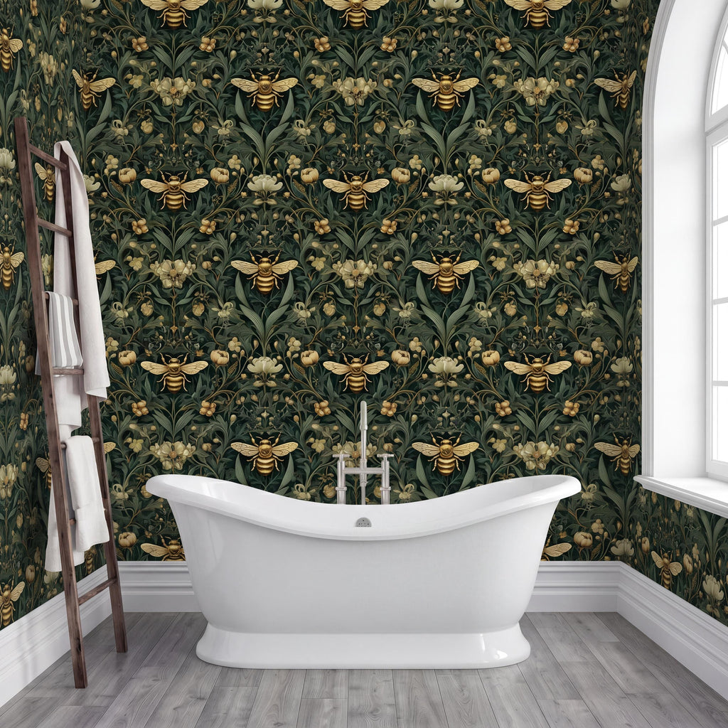 a bathroom with a white freestanding bathtub in the center, surrounded by a wall with a repeating pattern of bees and flowers in shades of green and gold. A wooden ladder is leaning against the wall next to the bathtub.