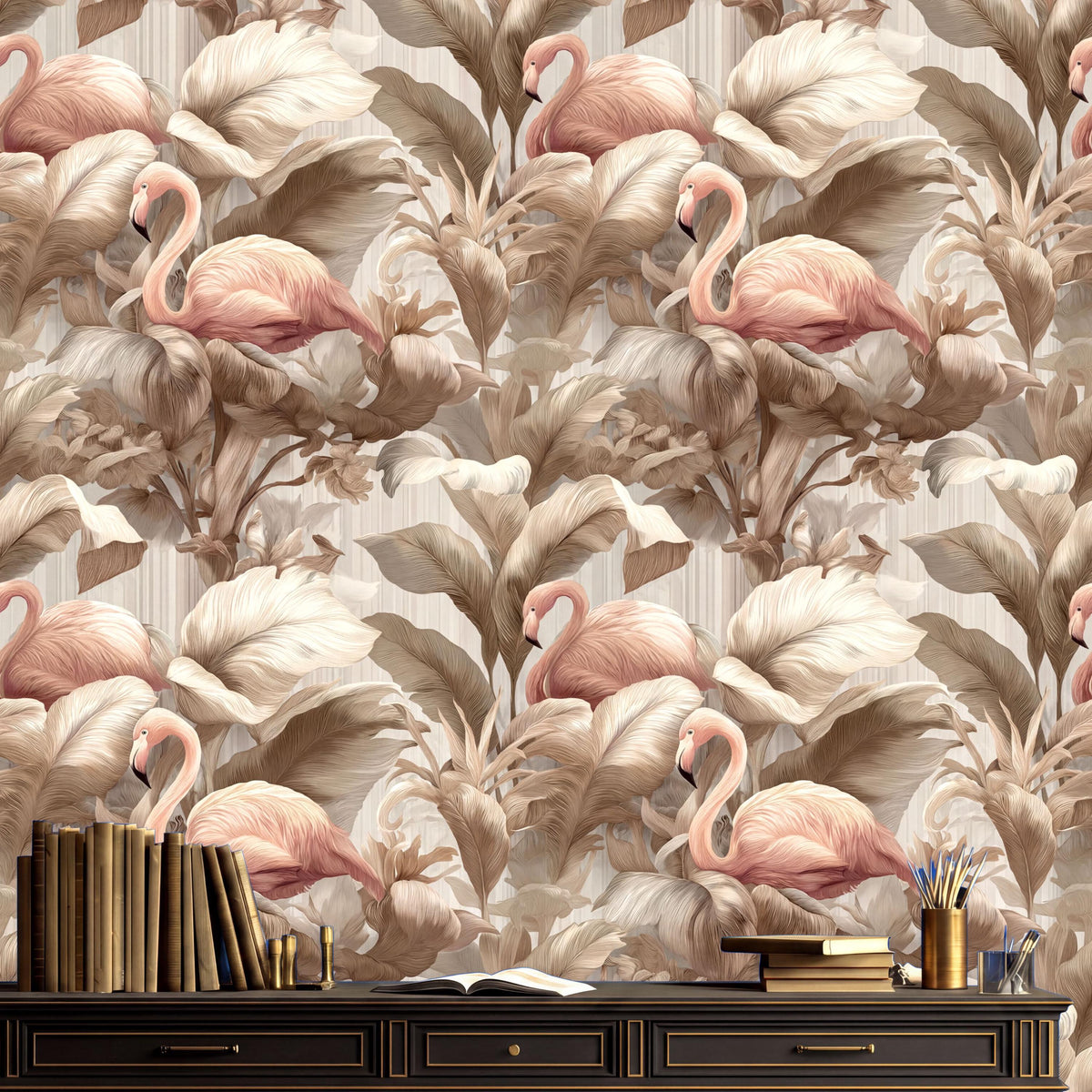 a wallpapered wall with a repeating pattern of pink flamingos and leaves, creating a tropical and exotic atmosphere. In the foreground, there is a wooden desk with a stack of books, a vase with flowers, and a small figurine of a flamingo.