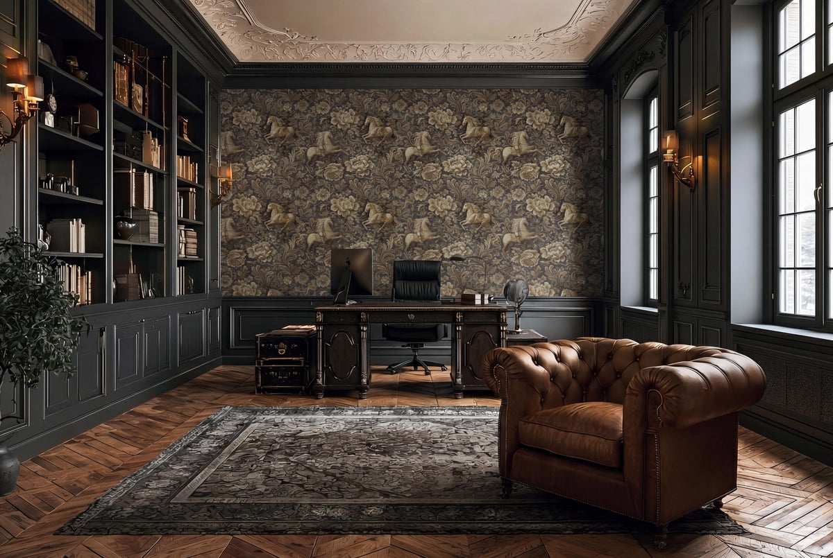 a luxurious and well-appointed home office with dark wood paneling, a large floral wallpaper, and a large window. The room features a desk with a computer, a leather armchair, and a rug on the wooden floor.