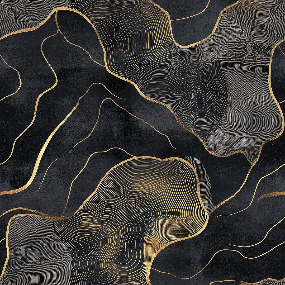 a striking abstract pattern with swirling lines and shapes in shades of black and gold. The pattern appears to be a repeating design, creating a sense of depth and movement across the image.