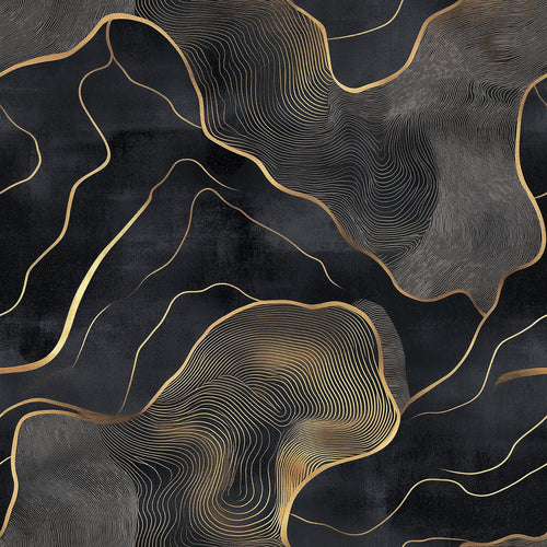 a striking abstract pattern with swirling lines and shapes in shades of black and gold. The pattern appears to be a repeating design, creating a sense of depth and movement across the image.