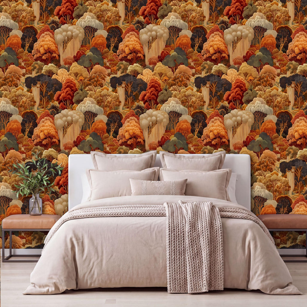 a bedroom with a large bed and a wallpapered wall with a forest scene.