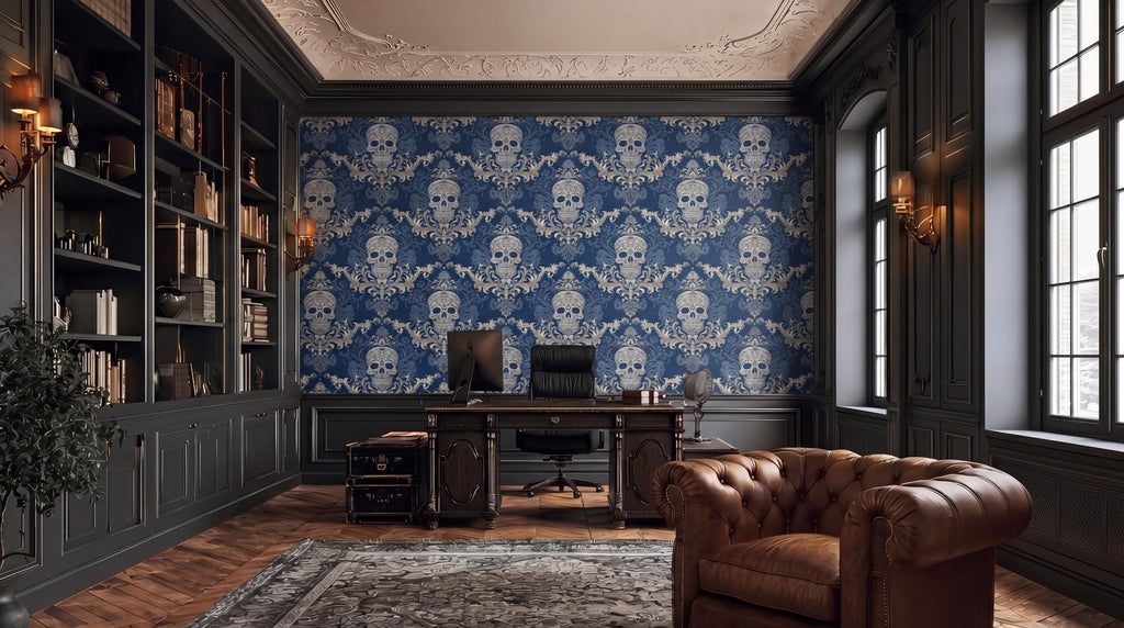 a luxurious and elegant home office with a large bookshelf, a patterned wallpaper with skulls, a desk, a chair, and a rug on the wooden floor.
