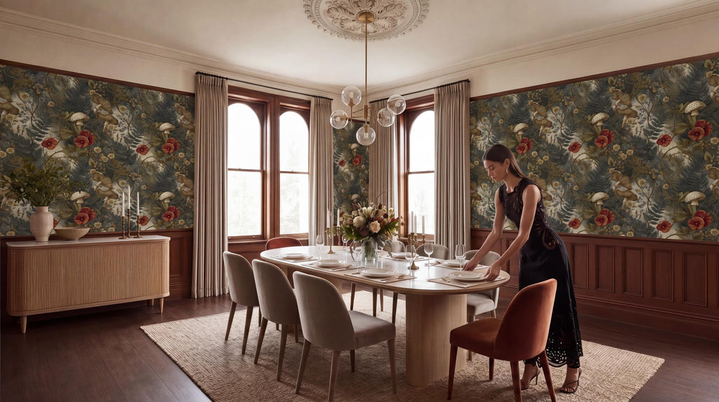 A woman in a black dress is setting the table in a dining room with a large floral wallpaper, a chandelier, and a wooden table with chairs.