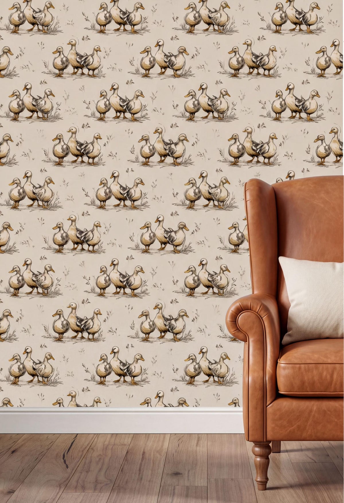 a wallpapered wall with a repeating pattern of ducks, and a brown leather armchair is positioned next to the wall.
