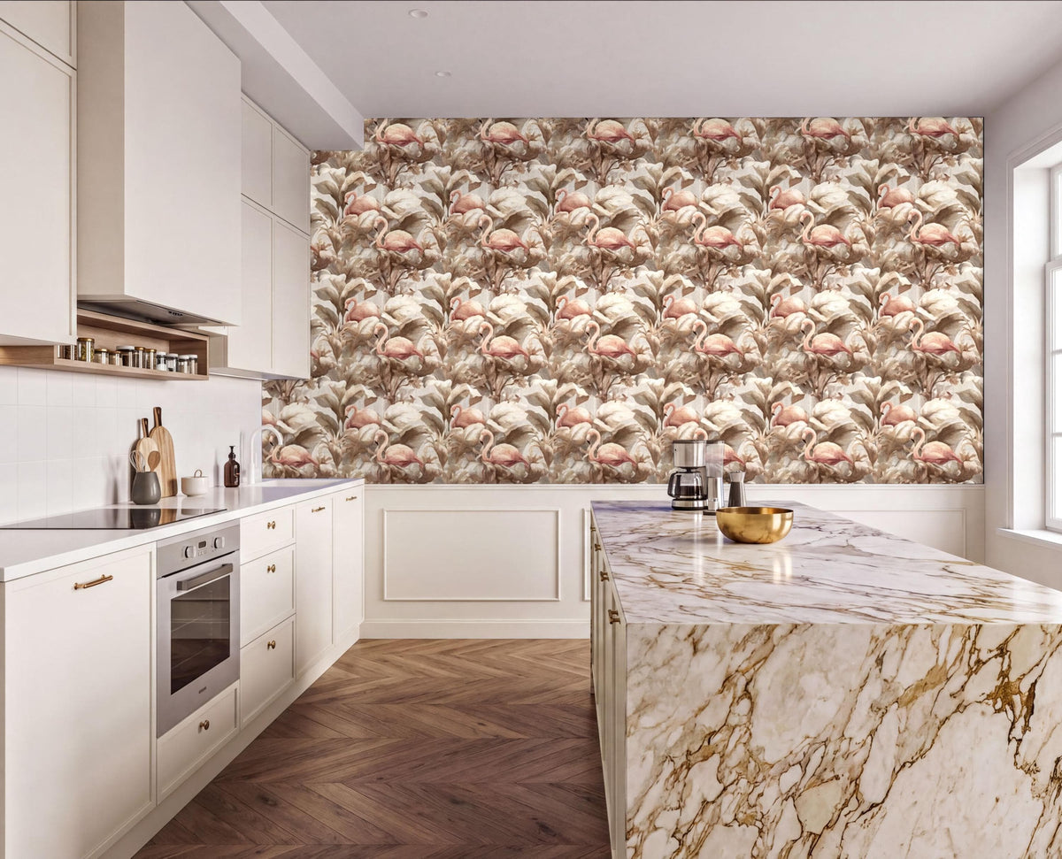a modern kitchen with a marble countertop and white cabinets. The walls are adorned with a floral wallpaper, and the floor is made of wood. The kitchen is equipped with a stove, oven, and various kitchen accessories such as bottles and a bowl.