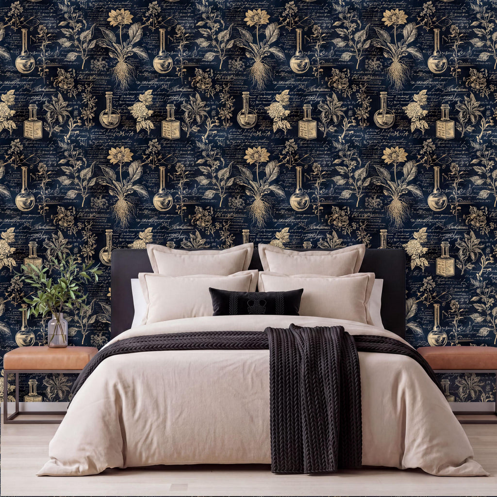 a bedroom with a large bed, dark blue wallpaper with gold and black botanical illustrations, and a wooden nightstand with a vase of flowers.