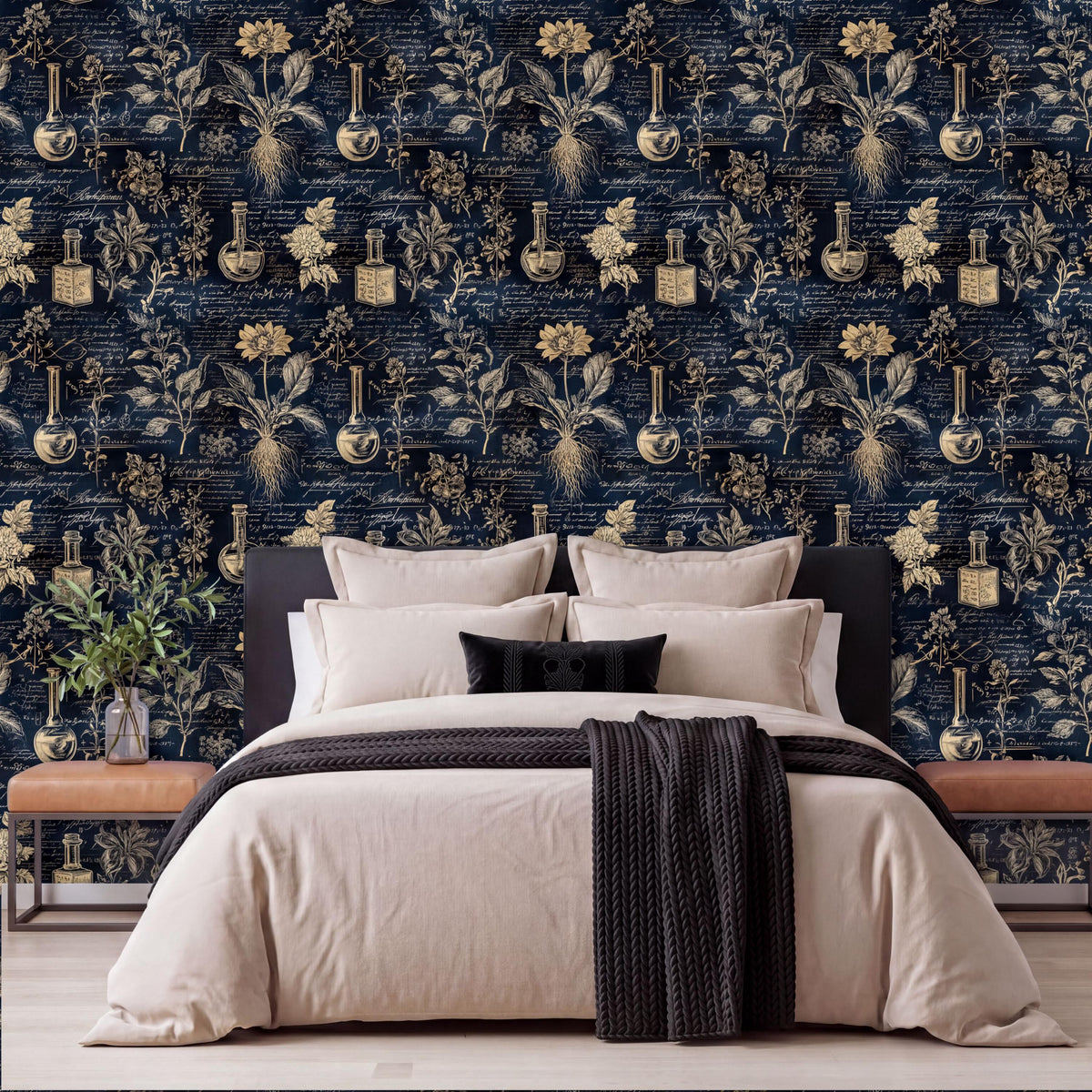 a bedroom with a large bed, dark blue wallpaper with gold and black botanical illustrations, and a wooden nightstand with a vase of flowers.