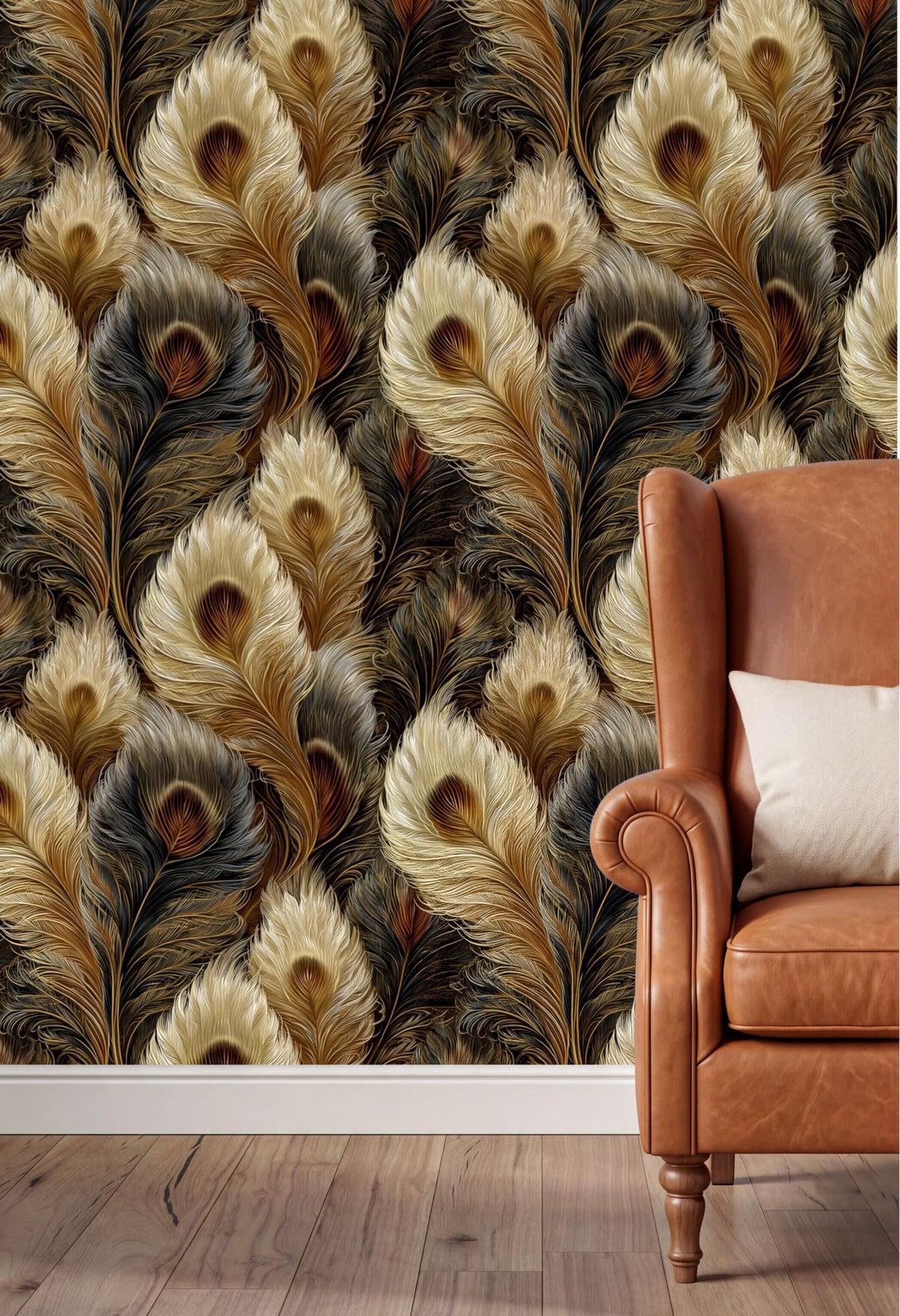 a wallpapered wall with a repeating pattern of large, colorful feathers in shades of brown, beige, and black. The wall is situated next to a brown leather armchair, creating a cozy and stylish interior setting.