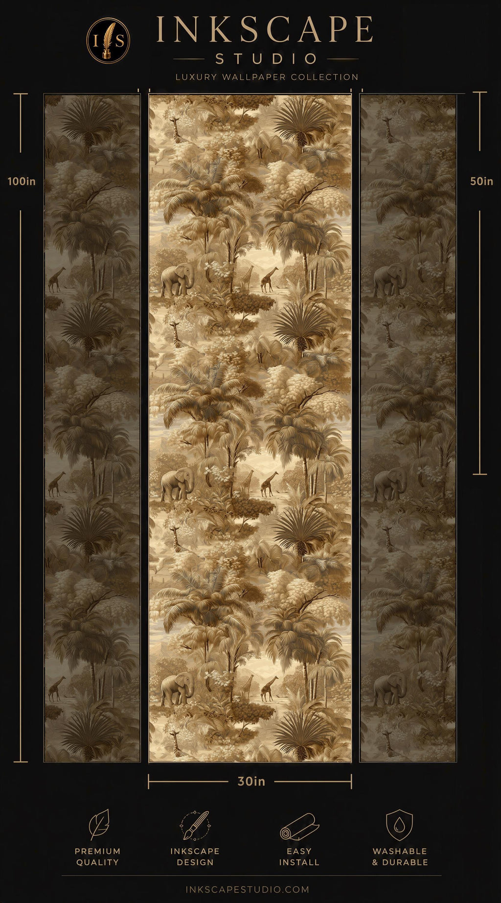 The image is a promotional poster for a luxury wallpaper collection from the Inkscape Studio. It features a repeating pattern of palm trees and other wildlife, creating a tropical ambiance. The poster includes dimensions and features such as "Premium quality", "Easy installation", and "Washable & durable".