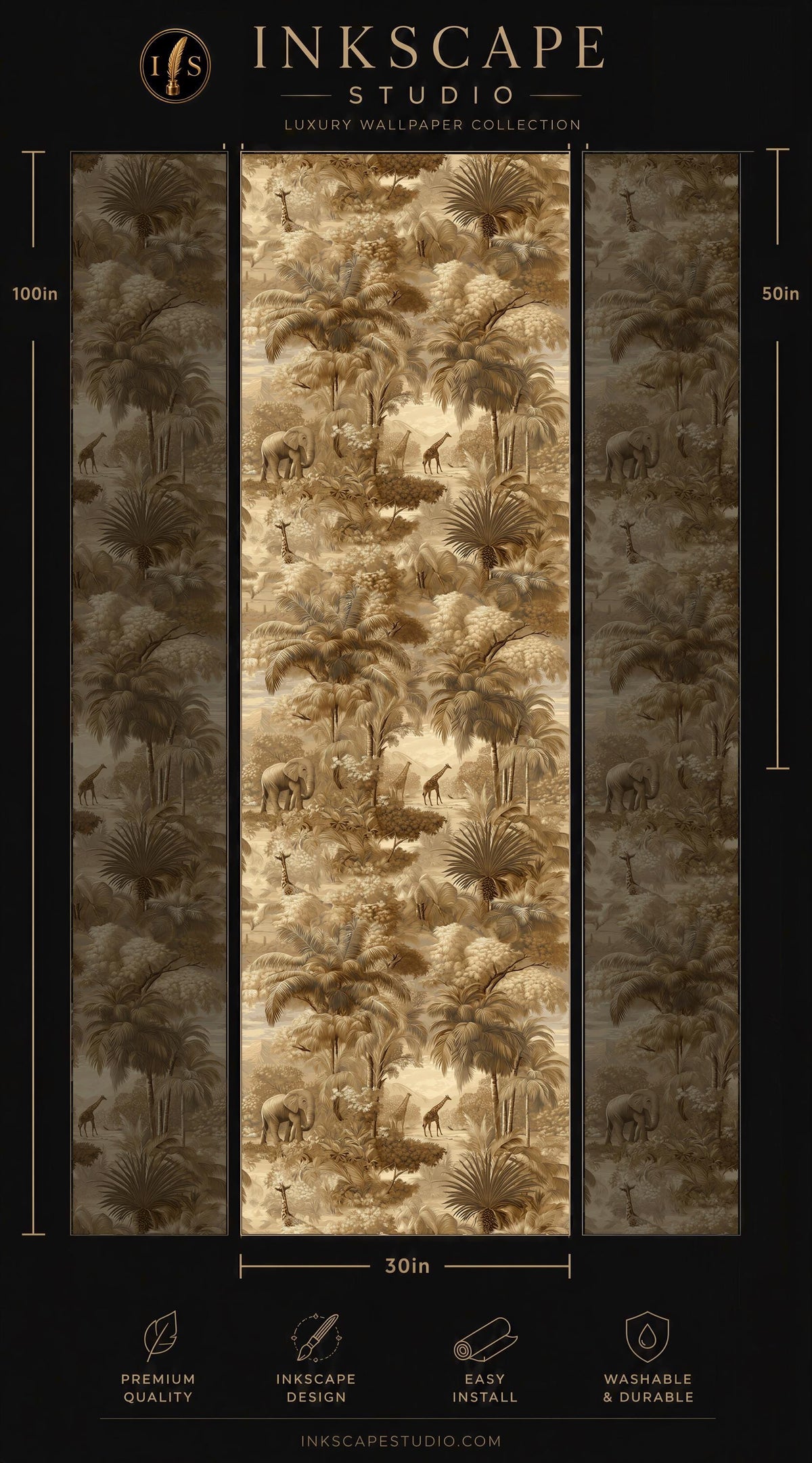 The image is a promotional poster for a luxury wallpaper collection from the Inkscape Studio. It features a repeating pattern of palm trees and other wildlife, creating a tropical ambiance. The poster includes dimensions and features such as "Premium quality", "Easy installation", and "Washable & durable".