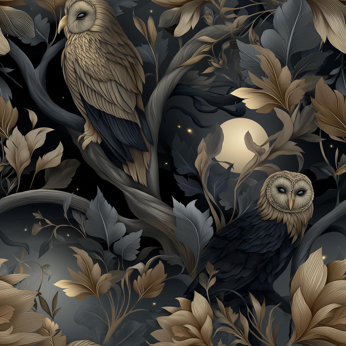 The image is a detailed illustration featuring two owls perched on branches against a dark, starry night sky. The owls are surrounded by a lush, intricate forest of leaves and branches, creating a sense of depth and complexity. The overall composition is visually striking and captivating, with the owls as the central focus.