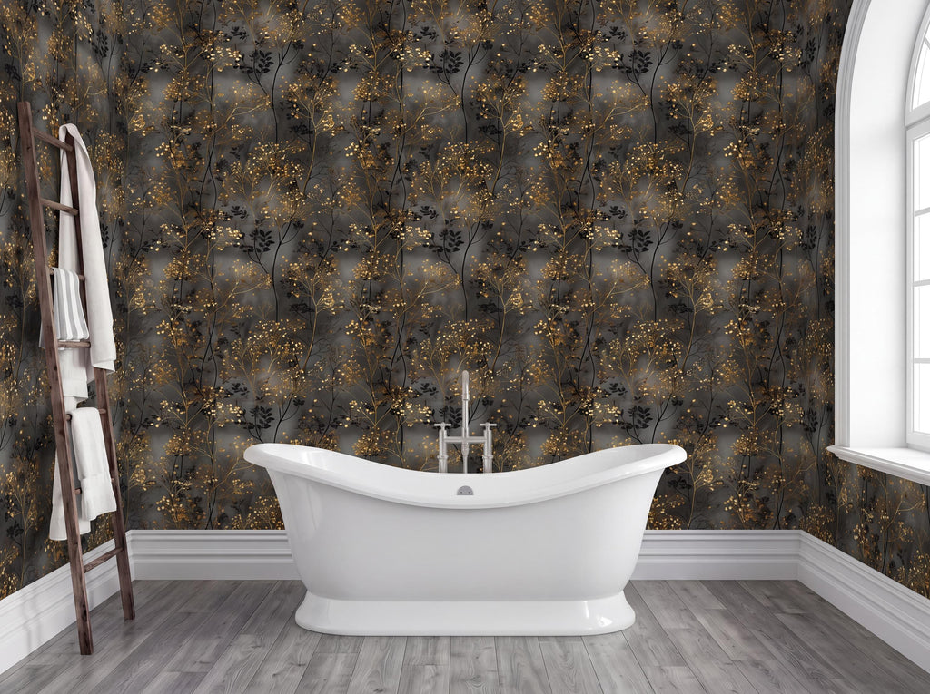 a luxurious bathroom with a freestanding bathtub, a wooden ladder, and a dark, ornate wallpaper with a floral pattern.