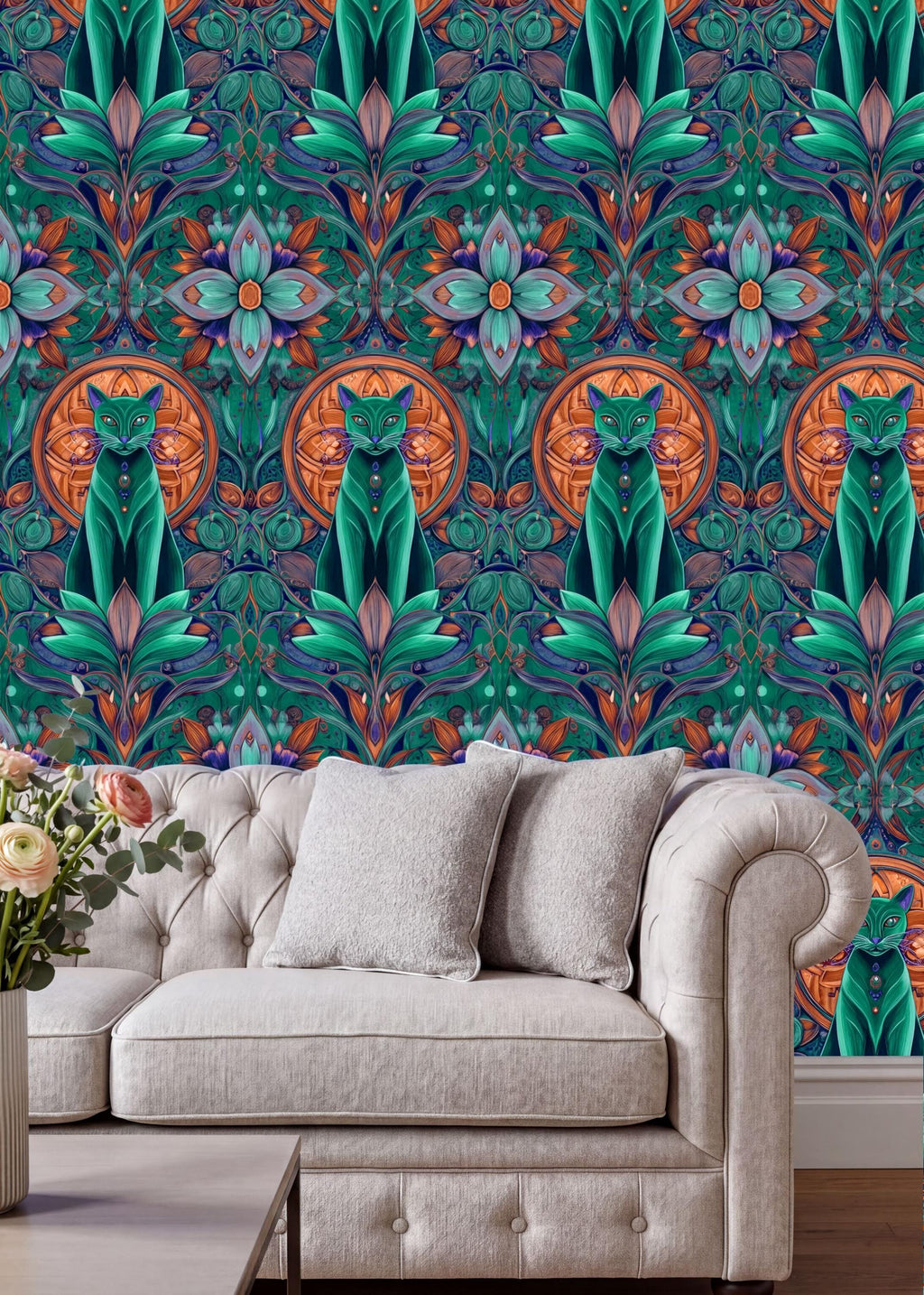 a vibrant, colorful wallpaper with a repeating pattern of cats and flowers in shades of green, blue, and orange. The wallpaper is displayed on a wall, and there is a white sofa with a vase of flowers in front of it.