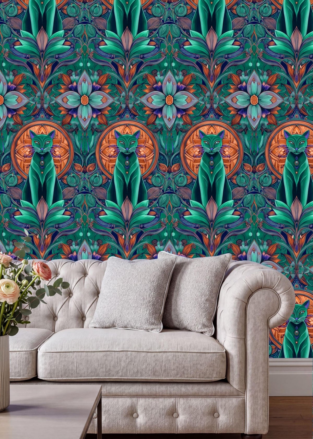 a vibrant, colorful wallpaper with a repeating pattern of cats and flowers in shades of green, blue, and orange. The wallpaper is displayed on a wall, and there is a white sofa with a vase of flowers in front of it.