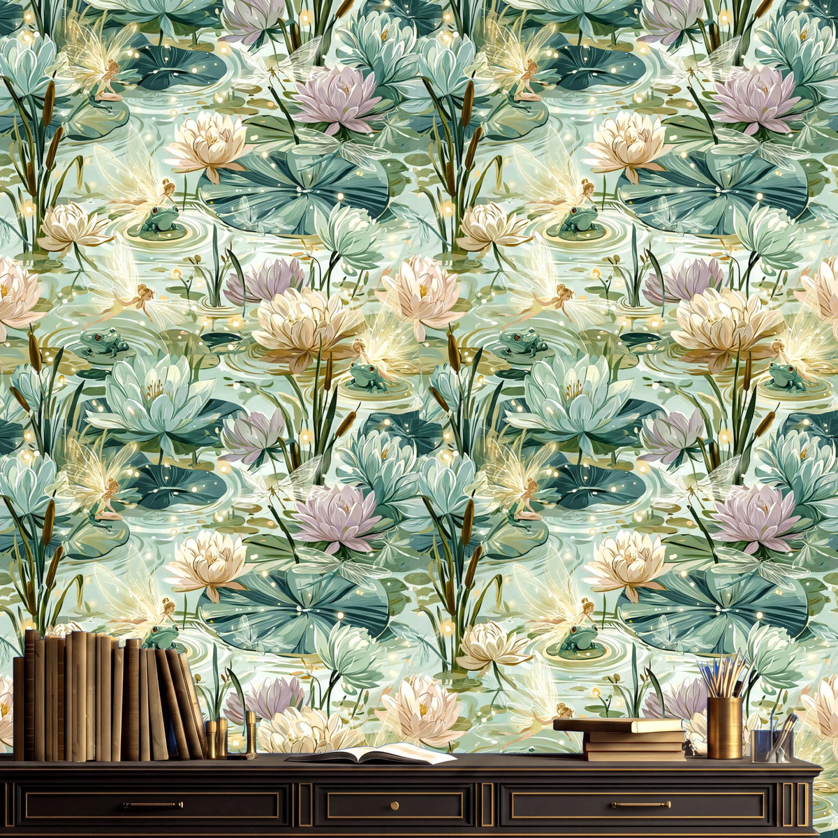 a wallpapered wall with a variety of colorful flowers and plants, including lilies, lotuses, and other aquatic plants. In front of the wall, there is a wooden desk with a bookshelf and a cup.
