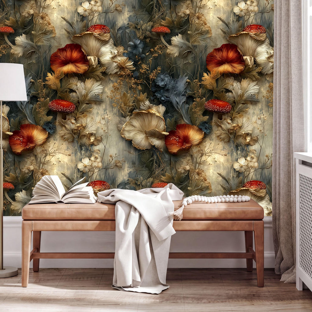 a large floral wallpaper with vibrant red and orange flowers, creating a warm and inviting atmosphere. In the foreground, there is a wooden bench with an open book and a white blanket draped over it. The overall scene appears to be a cozy and comfortable living space.