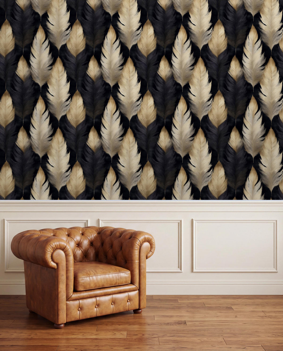 a brown leather armchair positioned in front of a wall with a repeating pattern of black and white feathers.