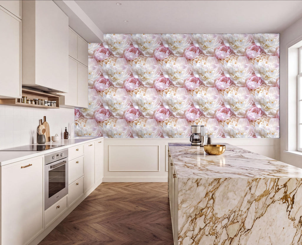 a modern kitchen with a large floral wallpaper on the wall behind the marble countertop. The kitchen features white cabinets, a marble countertop, and a stainless steel oven.