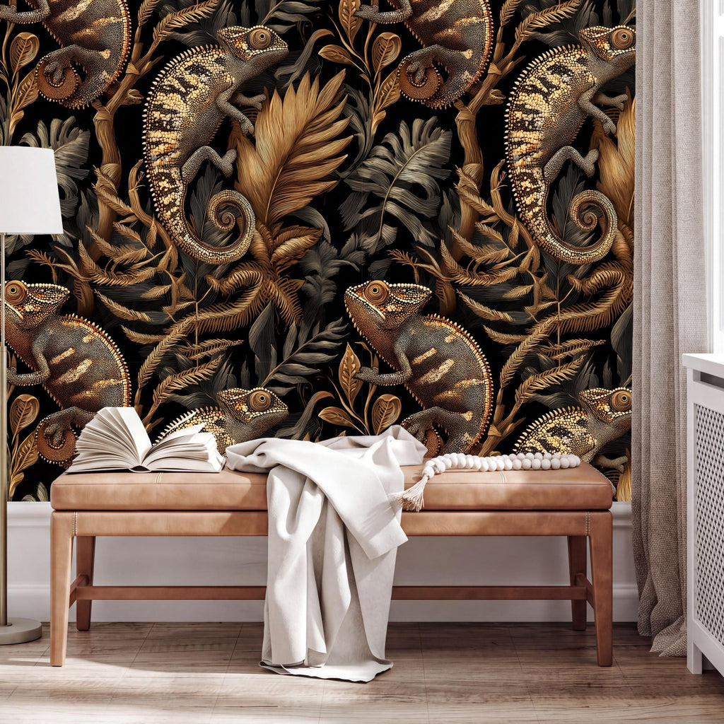 a large wallpapered wall with a striking chameleon pattern in shades of gold and black. In front of the wall, there is a wooden bench with a white blanket draped over it. On the bench, there are two open books, suggesting a cozy and intellectual atmosphere.