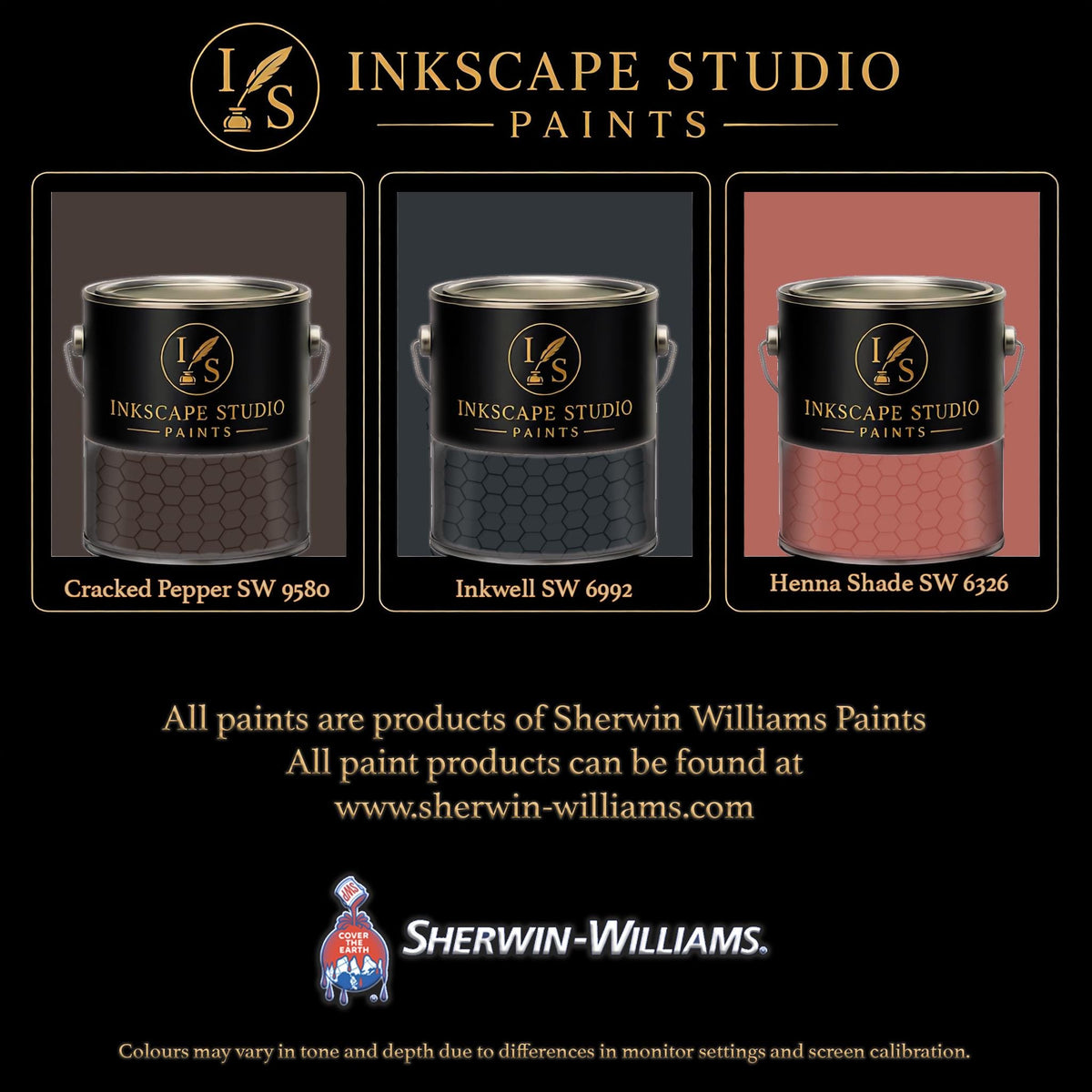 The image is an advertisement for Sherwin Williams paints, featuring three different paint colors: Cracked Pepper, Inkwell, and Henna Shade. The text highlights the variety of paint colors available at Inkscape Studio, and the ad emphasizes that all paint products can be found at www. Sherwin-Williams.com.