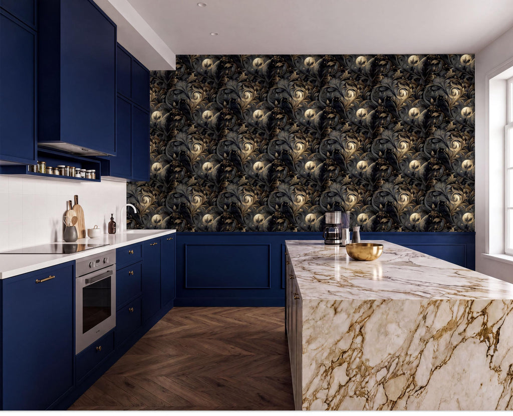 a modern kitchen with blue cabinets, a marble countertop, and a large wallpapered wall featuring a repeating pattern of black and gold designs.