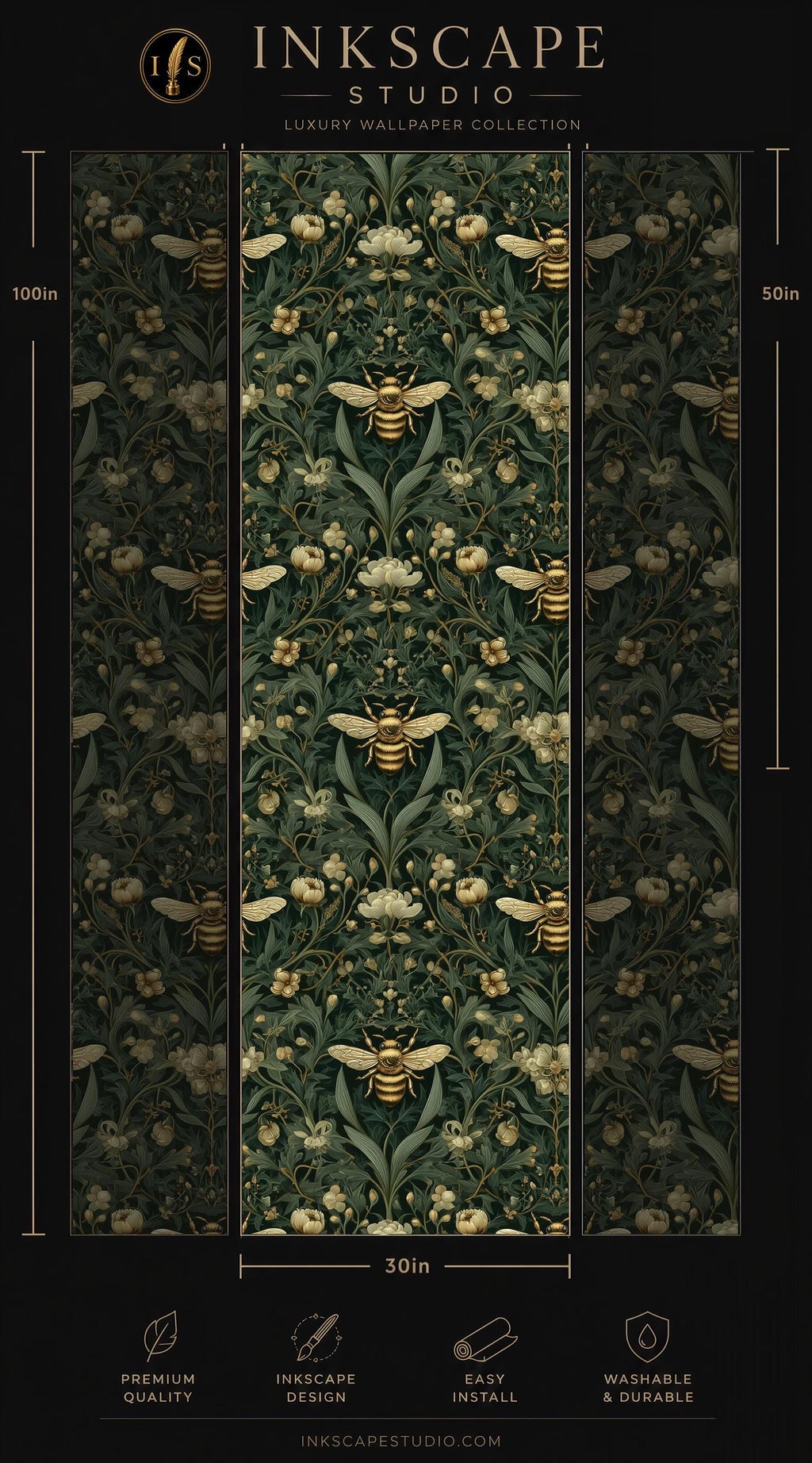 The image is a collage of three images depicting a repeating pattern of bees and flowers on a dark green background. The pattern is intricate and detailed, showcasing the craftsmanship of the artist. The collage is presented in a professional manner, with the text providing information about the artwork, such as its size, price, and the artist's studio.