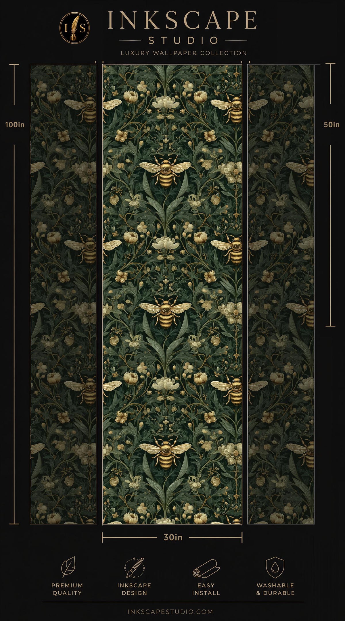 The image is a collage of three images depicting a repeating pattern of bees and flowers on a dark green background. The pattern is intricate and detailed, showcasing the craftsmanship of the artist. The collage is presented in a professional manner, with the text providing information about the artwork, such as its size, price, and the artist's studio.