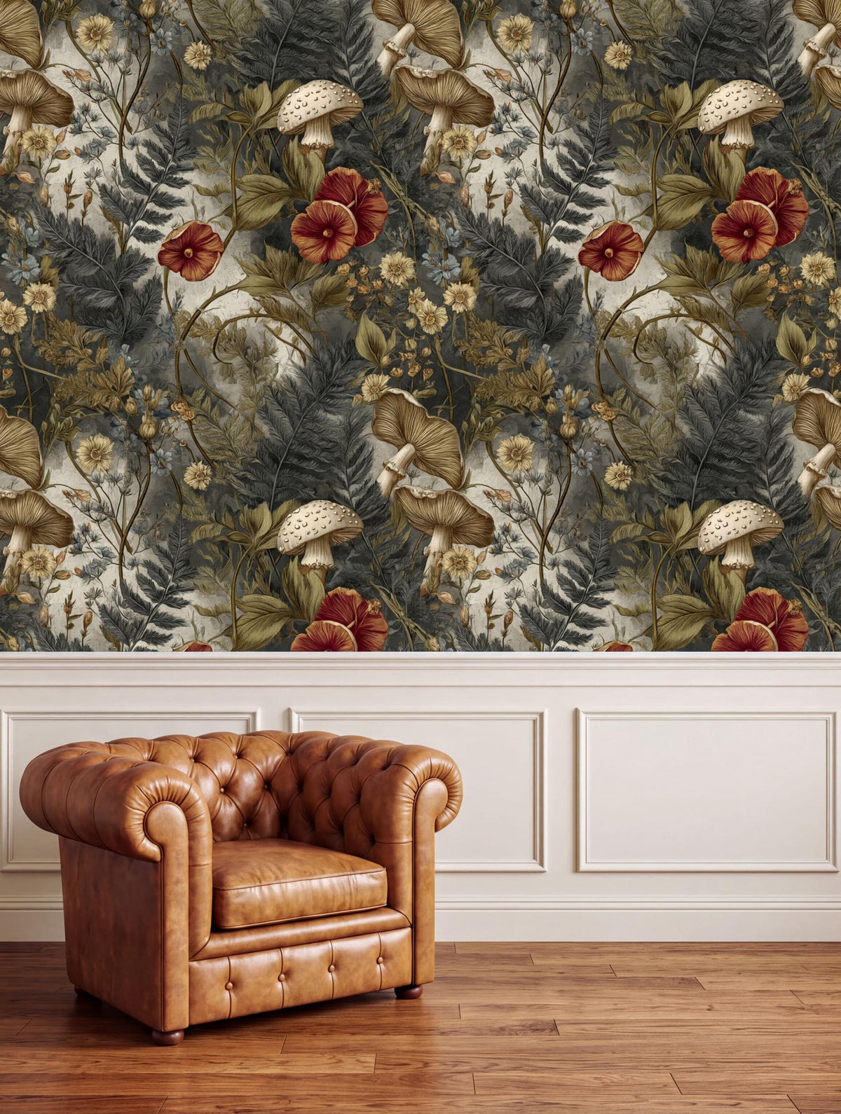 a brown leather armchair positioned in front of a wall with a vibrant, nature-inspired wallpaper.