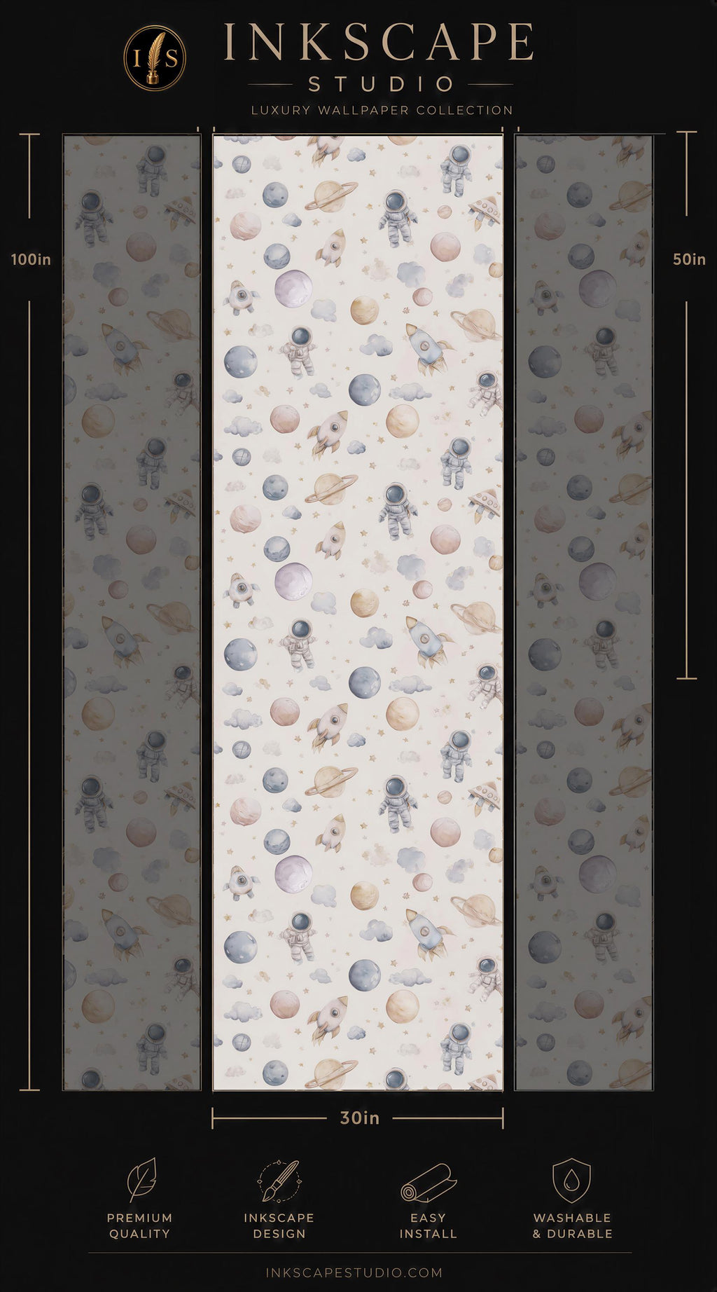 The image is a promotional poster for a luxury wallpaper collection from the Inkscape Studio. It features a repeating pattern of space-themed elements, including planets, stars, and astronauts, in various shades of blue, gray, and white. The poster provides dimensions and features icons indicating the premium quality, easy installation, and washable nature of the wallpaper.