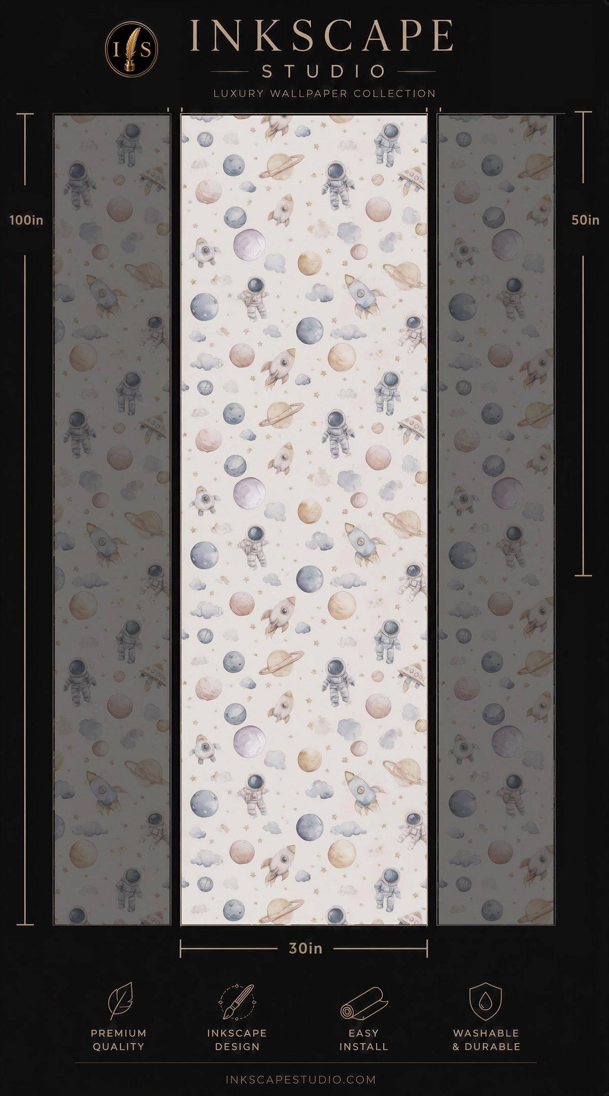The image is a promotional poster for a luxury wallpaper collection from the Inkscape Studio. It features a repeating pattern of space-themed elements, including planets, stars, and astronauts, in various shades of blue, gray, and white. The poster provides dimensions and features icons indicating the premium quality, easy installation, and washable nature of the wallpaper.