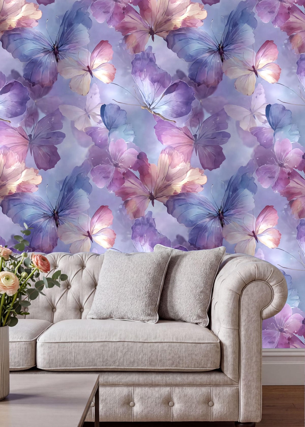 a white sofa with two gray pillows, set against a vibrant and colorful wallpapered wall with a repeating pattern of purple and pink butterflies.