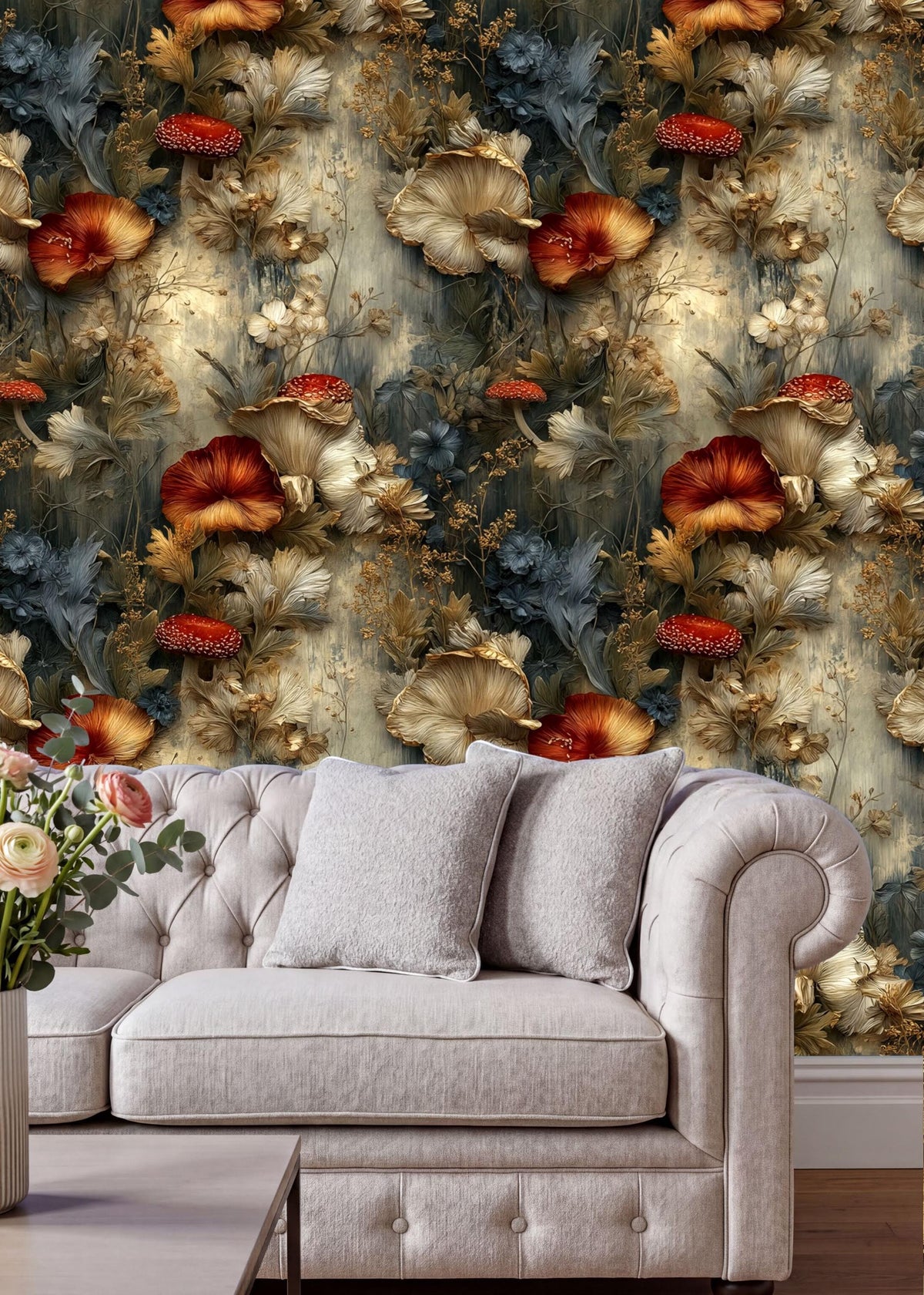 a living room with a white tufted sofa and a coffee table. The sofa is positioned against a wall with a vibrant floral wallpaper. The wall is adorned with a variety of flowers in shades of red, gold, and green, creating a visually striking and harmonious display.