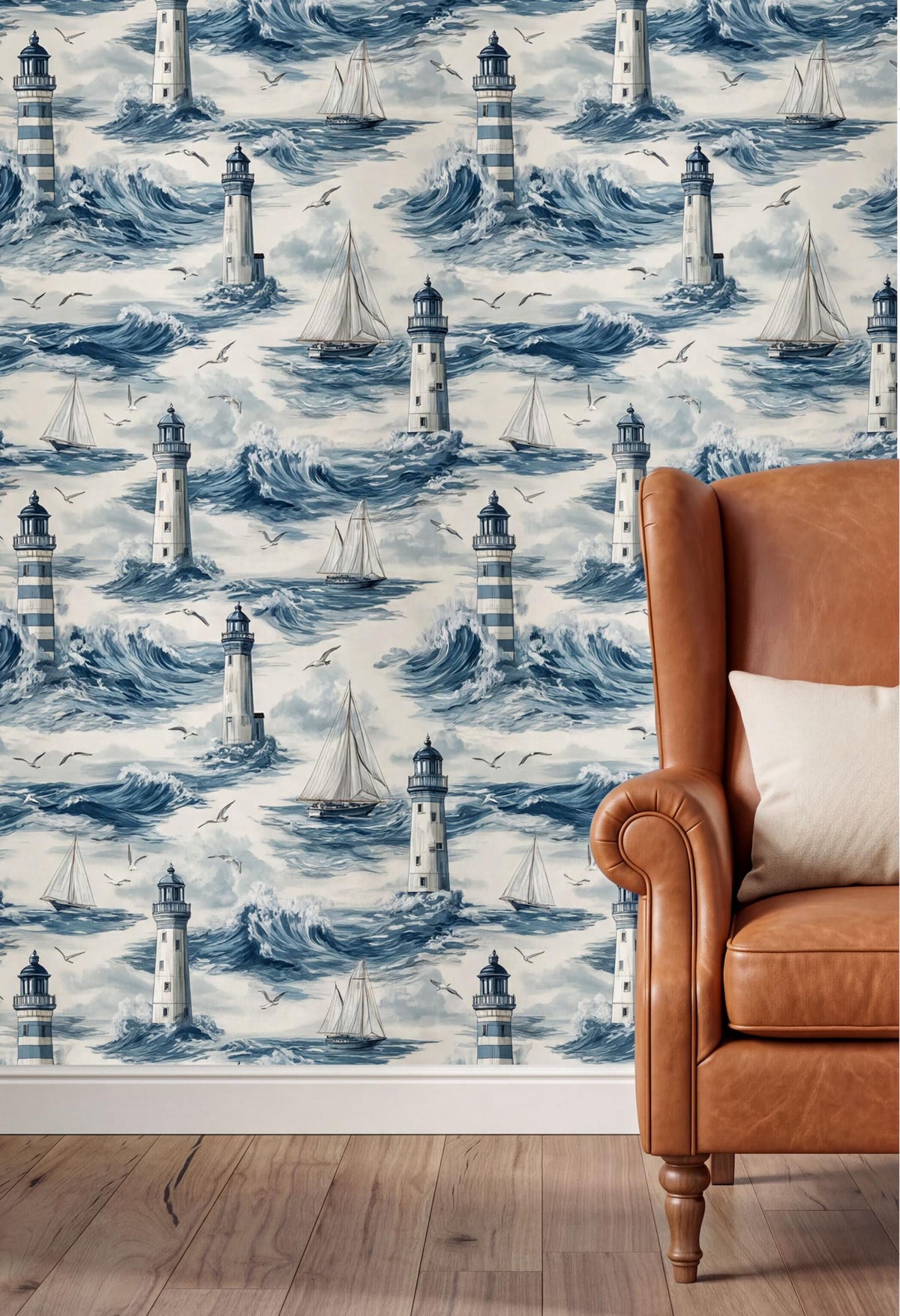 a wallpapered wall with a repeating pattern of lighthouse and sailboat illustrations, creating a nautical theme. In the foreground, there is a brown leather armchair with a white pillow on it.