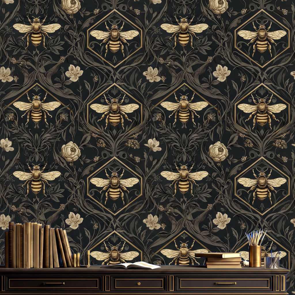 a dark, ornate wallpaper with a repeating pattern of bees and flowers. The wallpaper is set against a dark background, creating a striking contrast. On a wooden desk, there are several books and a vase, suggesting a workspace or study area.